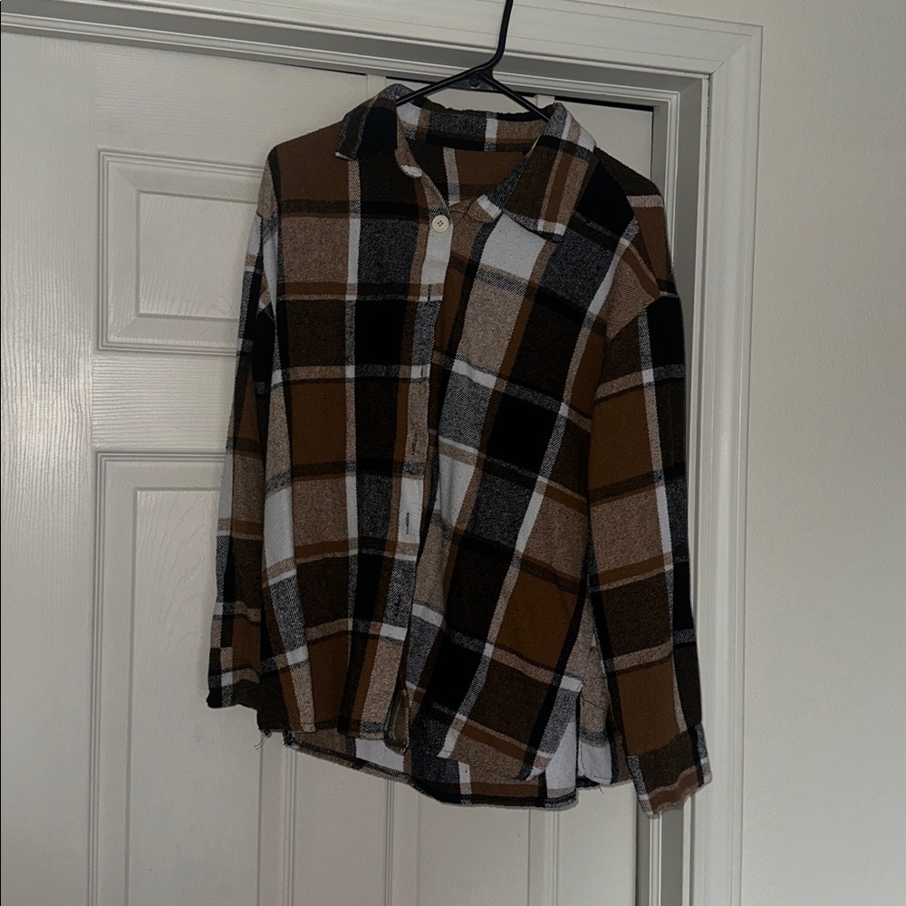 SHEIN Brown and Black Plaid Button-Down Shirt